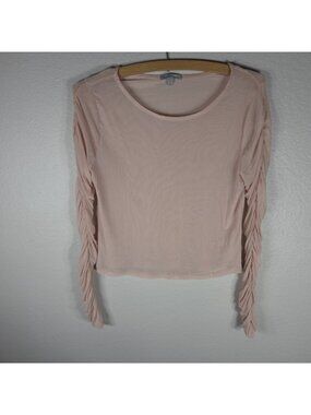 Charlotte Russe Ruched Top Sheer Size M Light Pink Long Sleeve Crop Round Neck